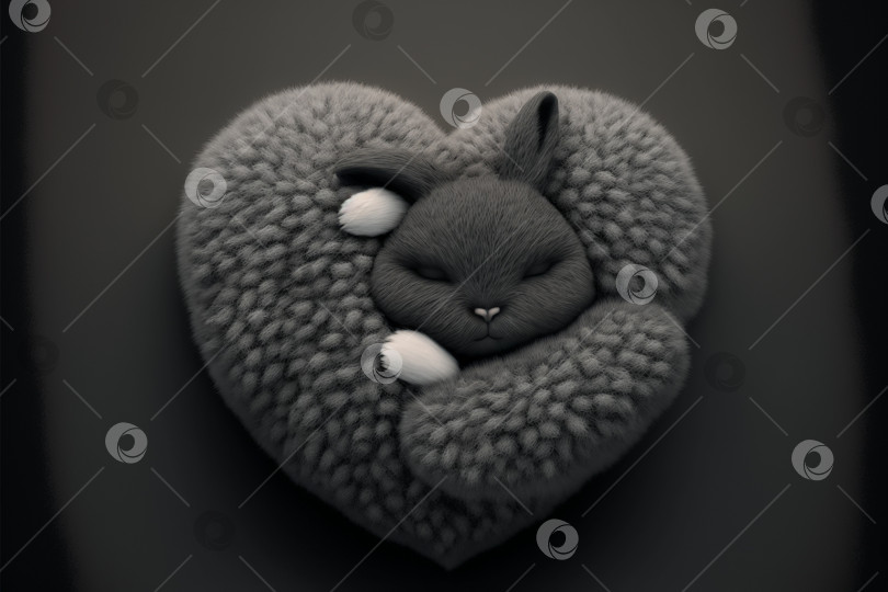 Скачать Милый пушистый черный кролик обнимает красное сердечко. Поздравление с Днем Святого Валентина от романтичного кролика, держащего сердце. Генеративный искусственный интеллект. фотосток Ozero