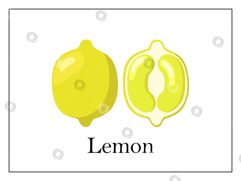 Скачать Открытка с подписью целого лимона и разрезанного пополам лимона на белом фоне в тонкой рамке фотосток Ozero