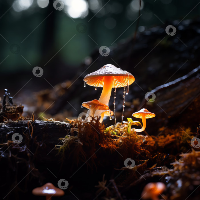 Скачать Блестящий гриб в макро - ИИ, сгенерированном фотосток Ozero