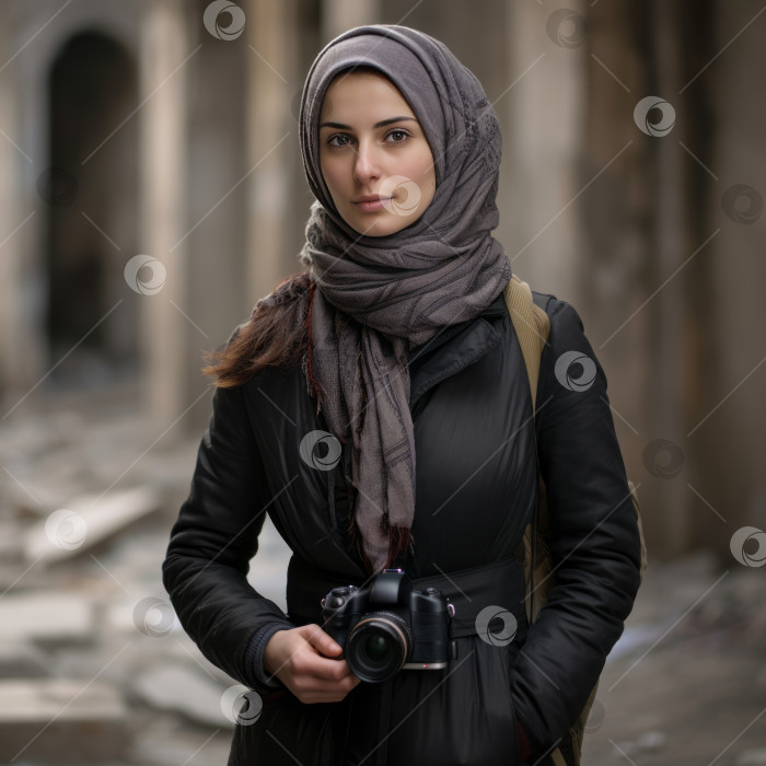 Скачать Сирийская женщина-фотограф, запечатлевающая жизнь - искусственный интеллект сгенерирован фотосток Ozero