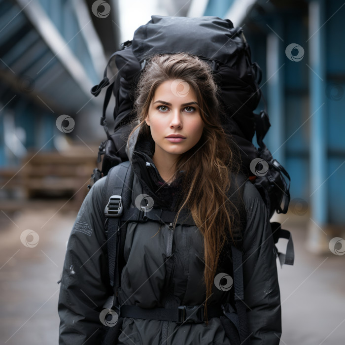 Скачать Спортивная американка, путешествующая с рюкзаком - искусственный интеллект сгенерирован фотосток Ozero