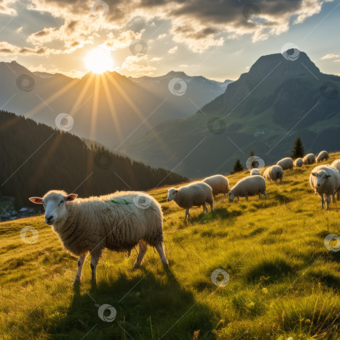 Скачать Альпийские овцы пасутся на рассвете - искусственный интеллект сгенерирован фотосток Ozero