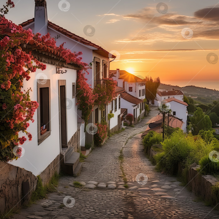 Скачать Красочный рассвет португальской деревни - искусственный интеллект сгенерирован фотосток Ozero