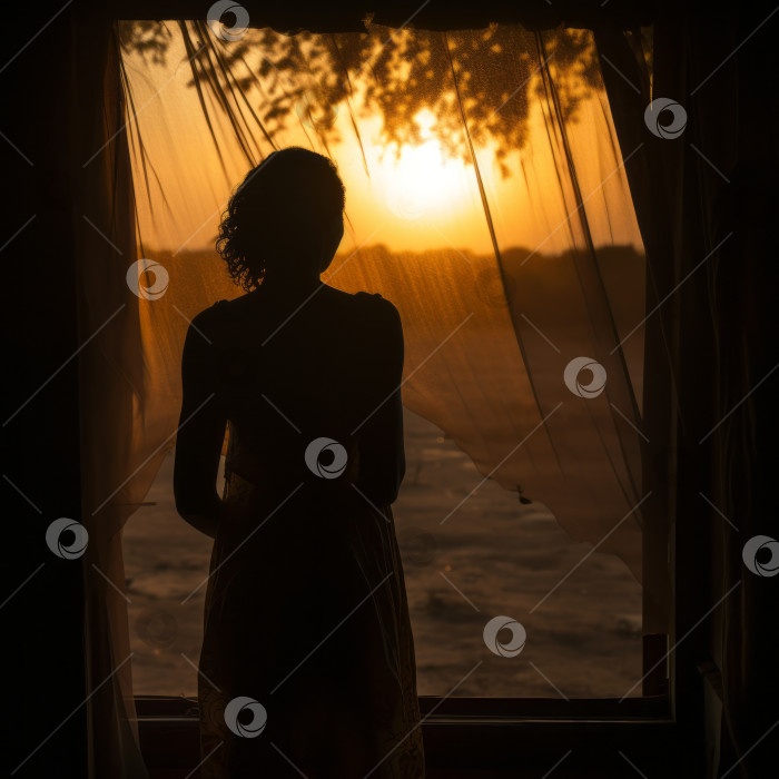 Скачать Силуэт женщины в пыльном окне - сгенерированный искусственным интеллектом фотосток Ozero