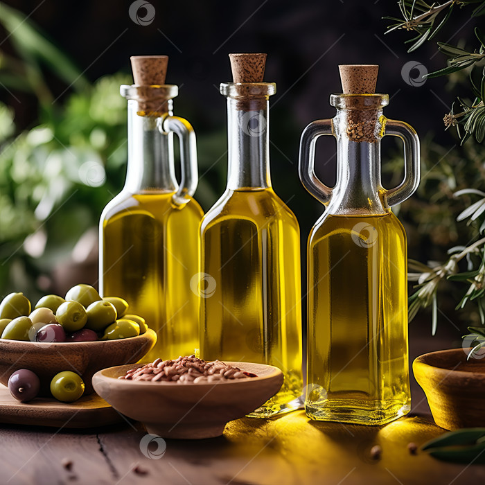 Скачать Оливковое масло в изящных стеклянных бутылках для кулинарных шедевров - создано искусственным интеллектом фотосток Ozero