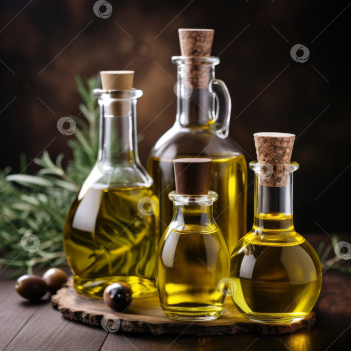 Скачать Оливковое масло в изящных стеклянных бутылках для кулинарных шедевров - создано искусственным интеллектом фотосток Ozero