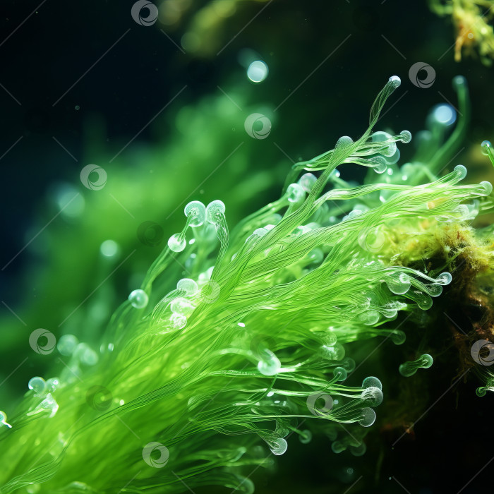 Скачать Зеленые водоросли под водой крупным планом - искусственный интеллект сгенерирован фотосток Ozero