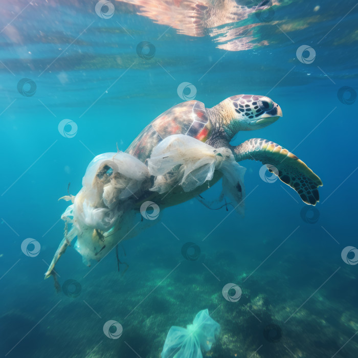 Скачать Черепаха ест пластик на Гавайях - искусственный интеллект сгенерирован фотосток Ozero