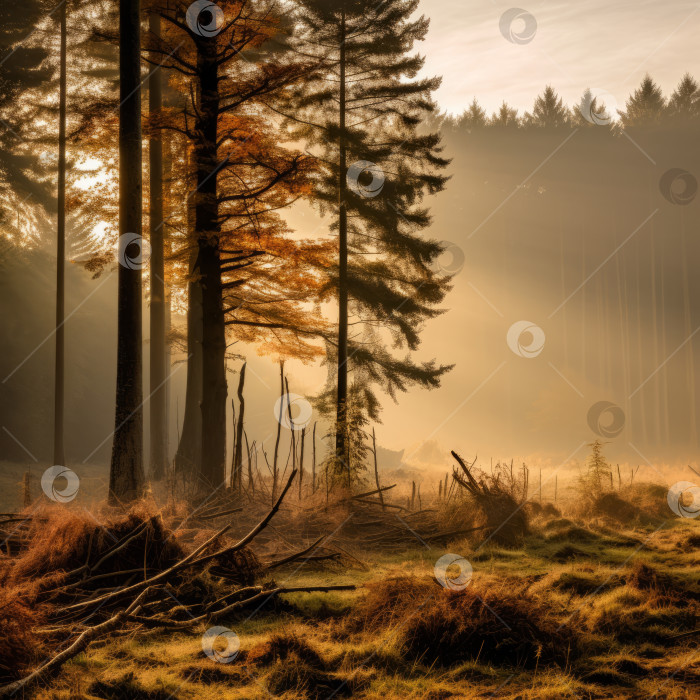 Скачать Прекрасное туманное утро в осеннем лесу - Искусственный интеллект сгенерирован фотосток Ozero