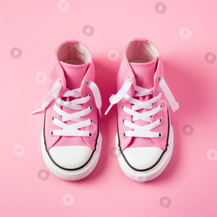Скачать Детские маленькие розовые кроссовки на розовом фоне. - Сгенерированный искусственный интеллект фотосток Ozero