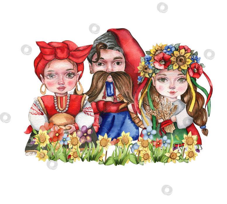 Скачать Композиция из девочки и мальчика-гнома в национальном украинском костюме, стоящих в цветах. Дизайн для вечеринки в честь дня рождения ребенка, дня рождения, торта, оформления праздничного торжества, поздравительной открытки, приглашения. фотосток Ozero