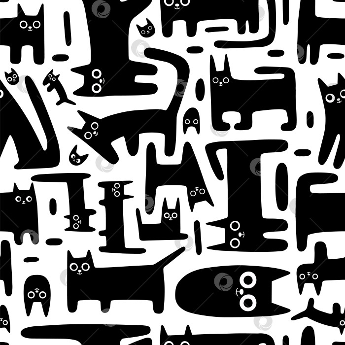 Скачать Бесшовный узор с милыми забавными кошками, черным котенком на белом фоне, мультяшный стиль. Модная современная векторная иллюстрация, нарисованная от руки, плоский дизайн фотосток Ozero