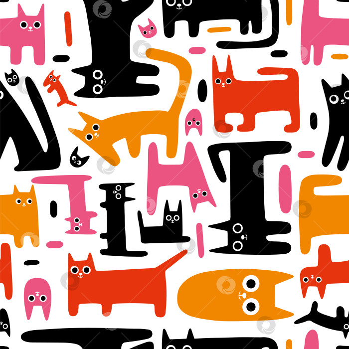 Скачать Бесшовный узор с милыми забавными кошками, красочным и черным котенком, мультяшный стиль. Модная современная векторная иллюстрация на белом фоне, нарисованная от руки, плоский дизайн фотосток Ozero