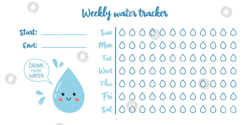 Скачать Еженедельный трекер водного баланса для векторной печати. календарь на 12 стаканов в день. Проблема гидратации. Шаблон отслеживания водного баланса. Пейте достаточное количество воды. фотосток Ozero
