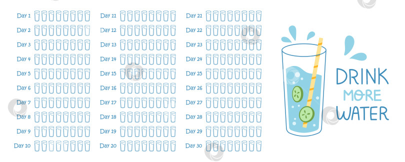 Скачать 30-дневный вызов водному балансу для векторной печати. цель - 8 стаканов в день. Отслеживатель гидратации. Выпивайте достаточное количество стакана воды. Шаблон ежемесячного отслеживания водного баланса. фотосток Ozero