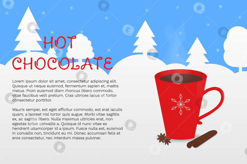 Скачать Уютная векторная иллюстрация с красной чашкой какао и зимним лесом на заднем плане. фотосток Ozero