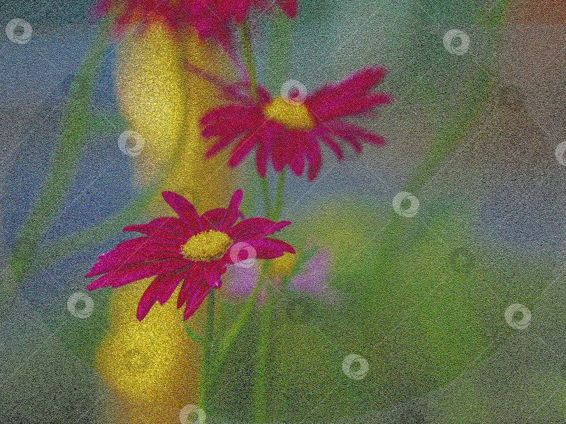 Скачать Размытые красные цветы маргаритки на зеленовато-голубоватом фоне. Антуражная открытка. фотосток Ozero