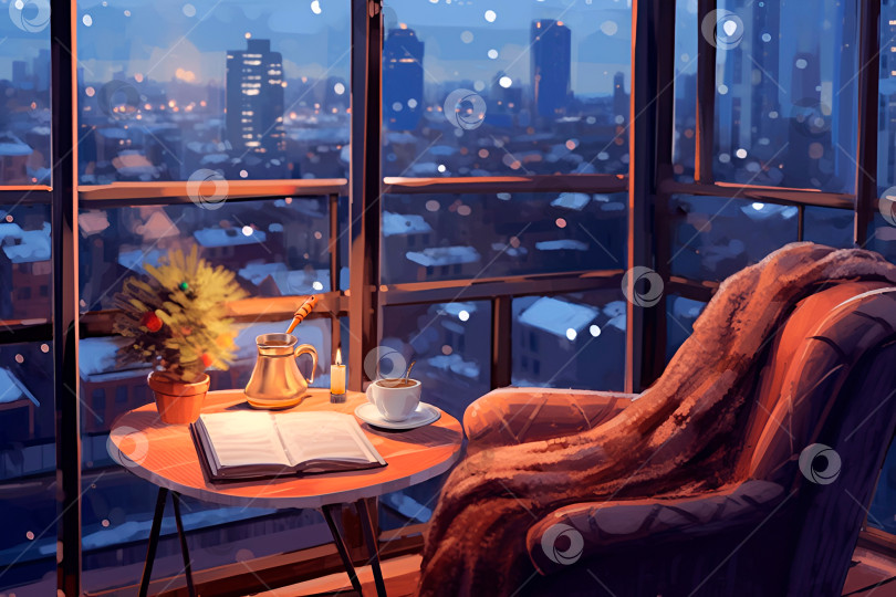 Скачать Уютный интерьер с креслом и столиком с книгой, кофе и свечой. зимний город за окном фотосток Ozero