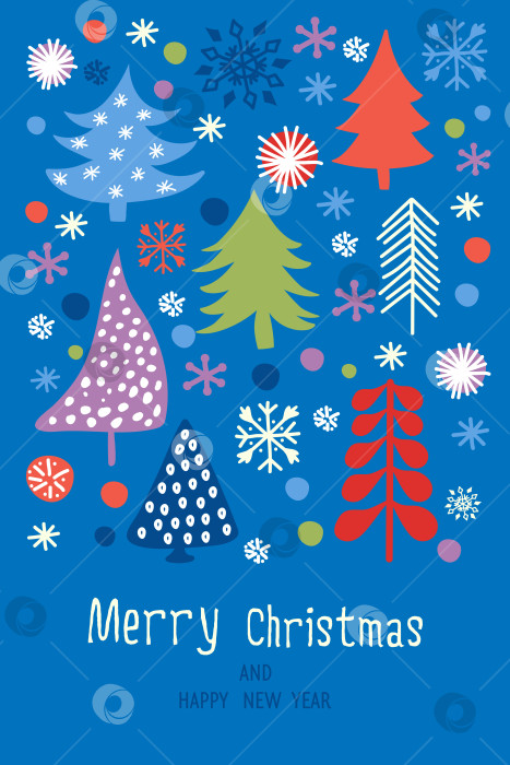 Скачать Нарисованная от руки ретро - рождественская открытка. Праздничный фон со стилизованными рождественскими елками, снежинками и украшениями. фотосток Ozero