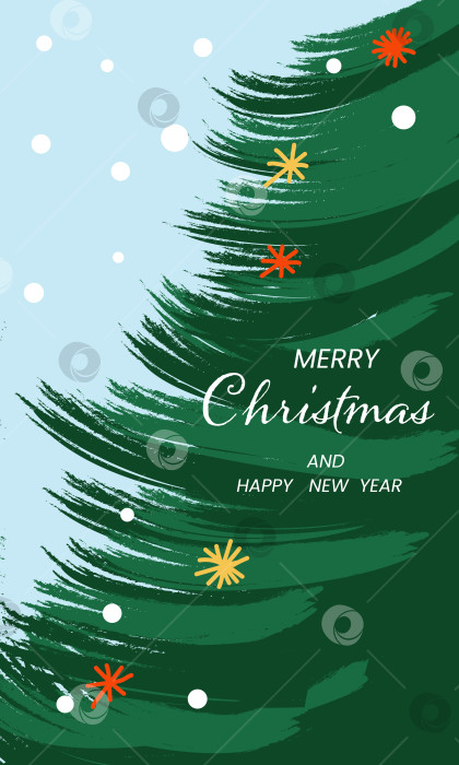 Скачать Рождественская открытка с елкой и шарами. Надпись "С наступающими новогодними праздниками" на фоне рождественской елки. фотосток Ozero