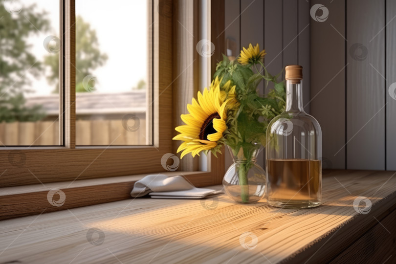 Скачать Поколение искусственного интеллекта. Бутылка подсолнечного масла и желтые цветы на деревянном столе на кухне. фотосток Ozero