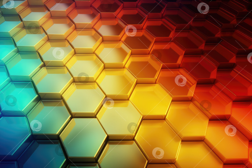 Скачать Поколение искусственного интеллекта. Абстрактный металлический фон с шестиугольниками синего и оранжевого цветов. фотосток Ozero