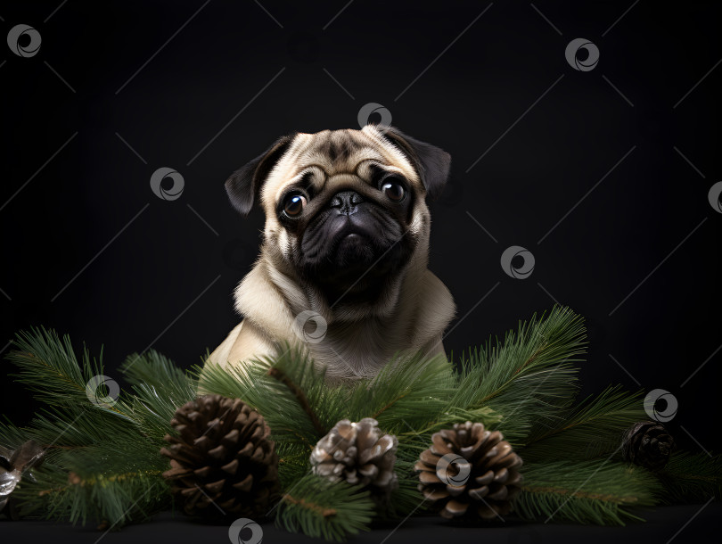 Скачать Собака в новогодних декорациях на темном фоне фотосток Ozero