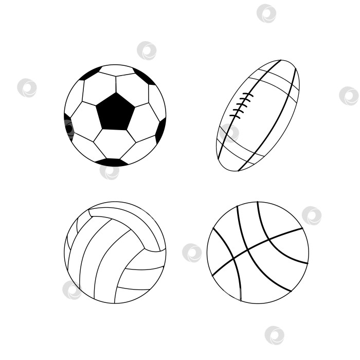 Скачать Изолированные черные мячи с каракулями для баскетбола, футбола, американского футбола, волейбола. Векторный значок контура фотосток Ozero