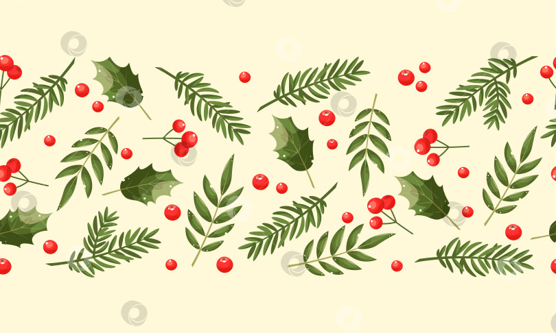 Скачать Рождественский природный дизайн, бесшовная кайма, рамка. Зеленая сосна, еловые веточки, красные ягоды на светлом фоне. Векторная иллюстрация. Шаблон поздравительного баннера, заголовки, плакаты. Новогодние символы. фотосток Ozero