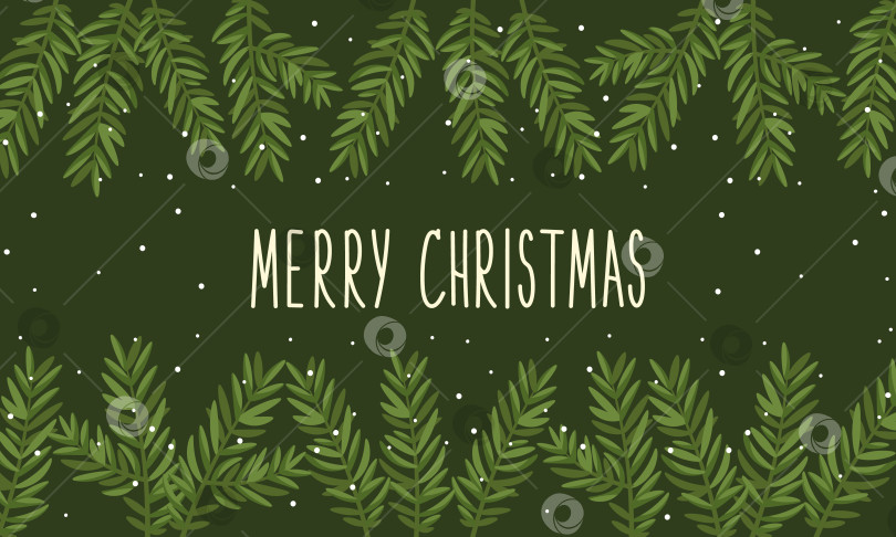 Скачать Рамка с рождественским природным дизайном, текст "Счастливого Рождества". Зеленая сосна, еловые веточки, снежинки на темно-зеленом фоне. Векторная иллюстрация. Шаблон поздравительного баннера. Новогодние символы. фотосток Ozero