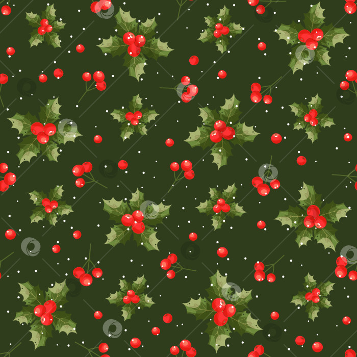 Скачать Новогодние символы - ягоды остролиста. Бесшовный векторный узор. Листья, красные ягоды, изящные снежинки на темно-зеленом фоне. Подходит для изготовления тканей, обоев, упаковки, текстиля, веб-дизайна. фотосток Ozero