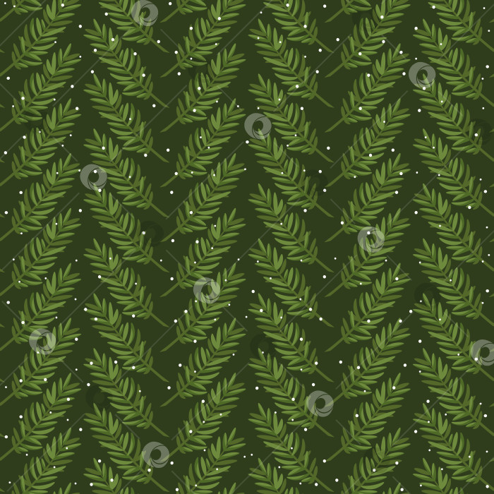 Скачать Новогодние символы - ветви рождественской елки, сосны, кедра. Элегантный бесшовный узор с вечнозелеными растениями и снежинками на темно-зеленом фоне. Отлично подходит для рождественской оберточной бумаги, упаковки, текстиля. фотосток Ozero