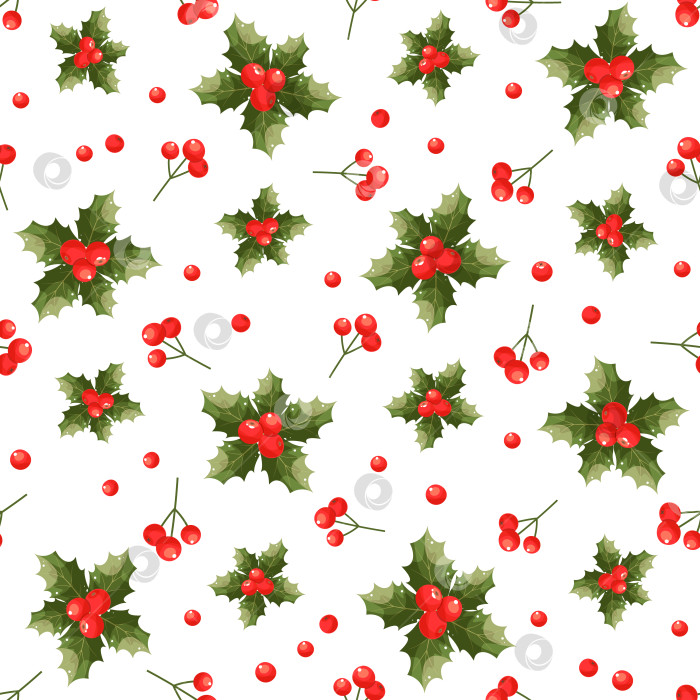 Скачать Новогодние символы. Элегантный бесшовный узор с зимними цветами и растениями с ягодными листьями, красными ягодами, на белом фоне. Подходит для изготовления тканей, обоев, упаковки, текстиля, веб-дизайна. фотосток Ozero