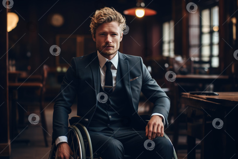 Скачать Успешный стильный бизнесмен-инвалид на инвалидной коляске в офисе фотосток Ozero