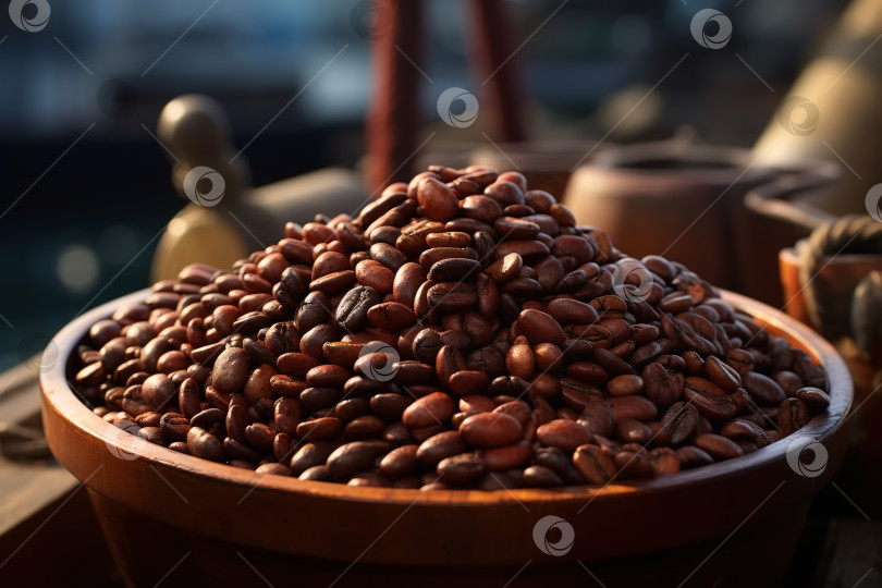 Скачать Крупный план коричневых кофейных зерен в деревянной чашке фотосток Ozero