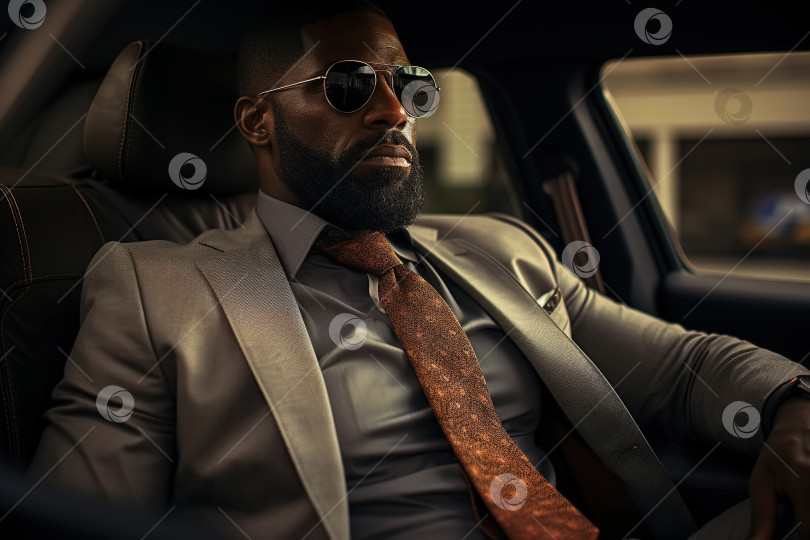 Скачать Портрет афроамериканца, уверенного в себе взрослого бизнесмена, сидящего в роскошном автомобиле, успешного богатого бизнесмена в костюме и очках фотосток Ozero