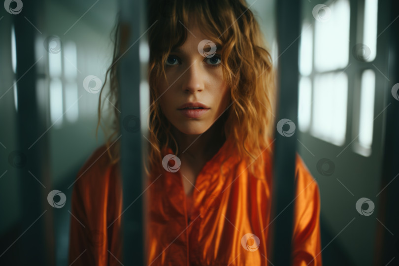 Скачать Преступление, арест, концепция социальных проблем. Кавказская женщина-заключенная в тюрьме, женщина-заключенный в оранжевой робе за решеткой смотрит в камеру фотосток Ozero