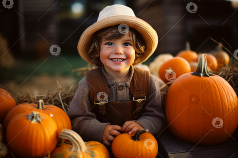 Скачать Осенний праздник сбора урожая, милый улыбающийся мальчик-фермер, сидящий в куче тыкв на открытом воздухе фотосток Ozero