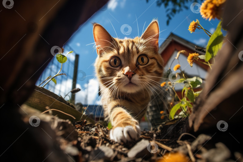 Скачать Любопытный рыжий домашний кот охотится на открытом воздухе в саду в солнечный день, голова животного рыбий глаз фотосток Ozero