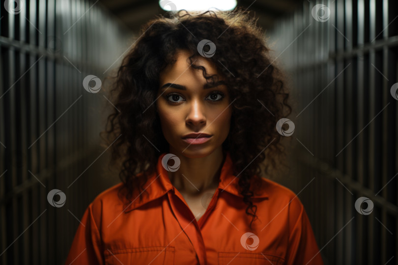 Скачать Афроамериканка-заключенная в тюрьме, грустная заключенная в оранжевой робе в камере предварительного заключения. Преступление, концепция ареста фотосток Ozero