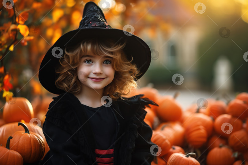 Скачать Концепция праздника Хэллоуин, симпатичная кавказская девушка в костюме ведьмы и черной шляпе с тыквами на улице осенним днем фотосток Ozero