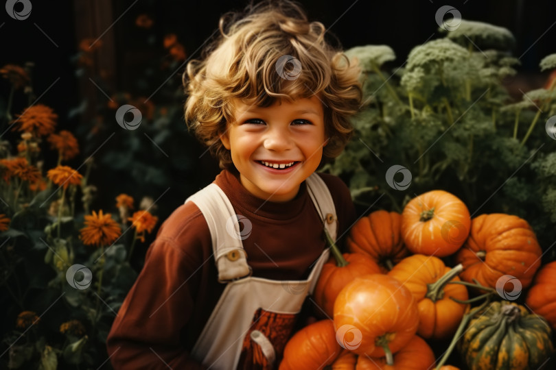 Скачать Портрет смеющегося кавказского мальчика-фермера, сидящего на куче тыкв в огороде на открытом воздухе и собирающего урожай фотосток Ozero