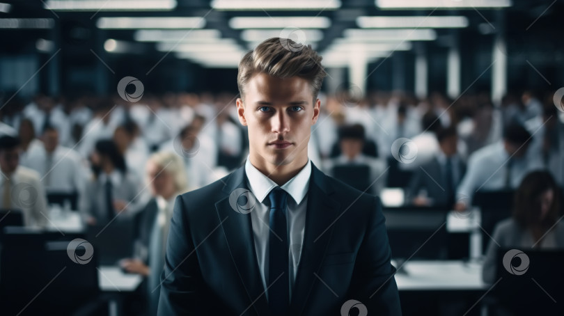 Скачать Портрет мужчины-менеджера в деловом костюме в офисе с толпой людей, работающих на заднем плане. Бизнесмен или стажер на рабочем месте фотосток Ozero