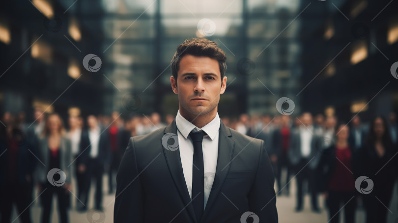 Скачать Портрет серьезного бизнесмена в костюме, стоящего в деловом районе на фоне толпы коллег фотосток Ozero