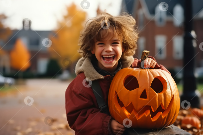 Скачать Концепция праздника Хэллоуин, смеющийся позитивный мальчик-ребенок с украшенной большой оранжевой тыквой на улице в осенний день фотосток Ozero