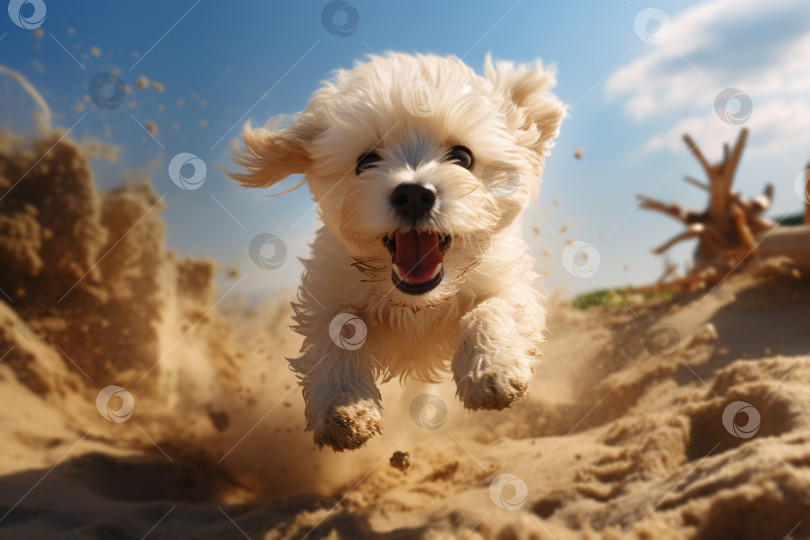 Скачать Веселая забавная игривая собака, бегущая по песку, белый питомец на пляже в солнечный день широкоугольный вид фотосток Ozero