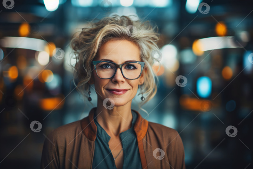 Скачать Стильная уверенная в себе улыбающаяся предпринимательница старшего возраста в офисе, деловой портрет кавказской дамы средних лет в очках, стоящей в помещении и смотрящей в камеру фотосток Ozero