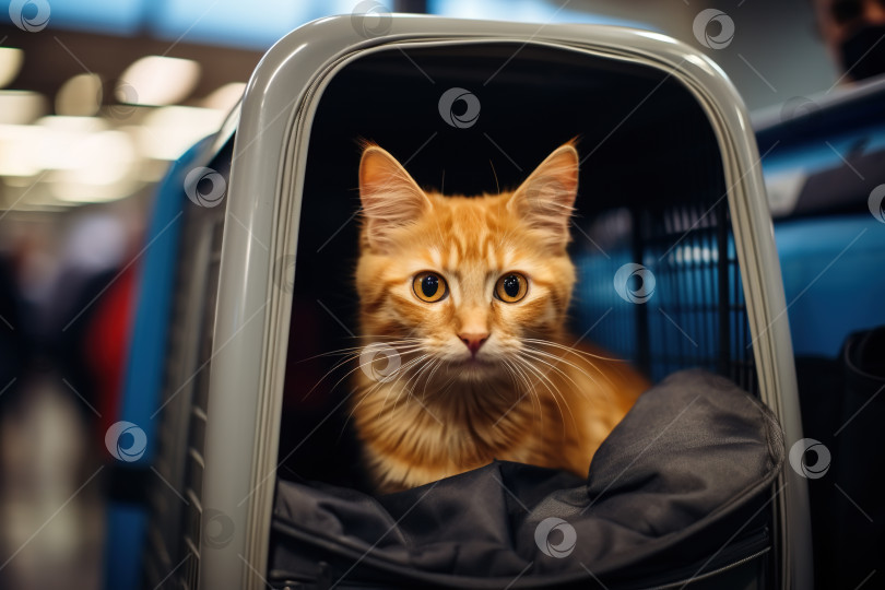 Скачать Пушистый забавный домашний рыжий кот выглядывает из коробки для переноски в помещении, перевозя животное фотосток Ozero