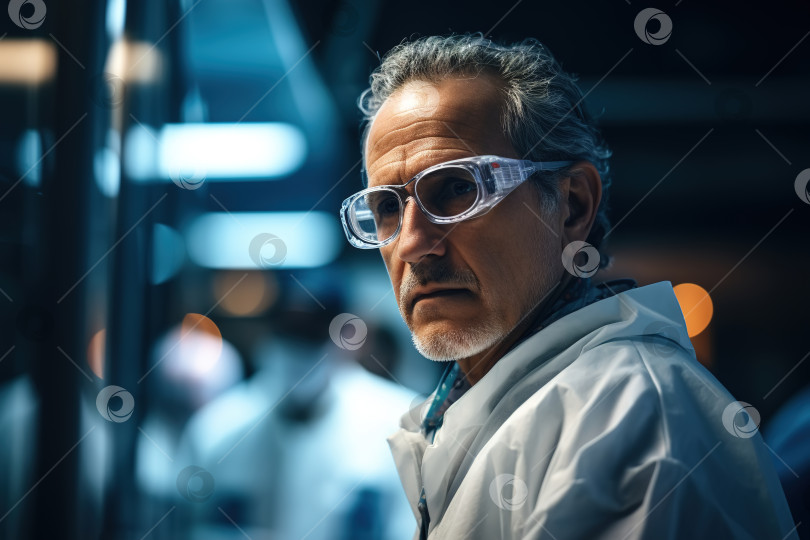 Скачать Ученый мужчина-врач в защитных очках и белой медицинской униформе в лаборатории фотосток Ozero