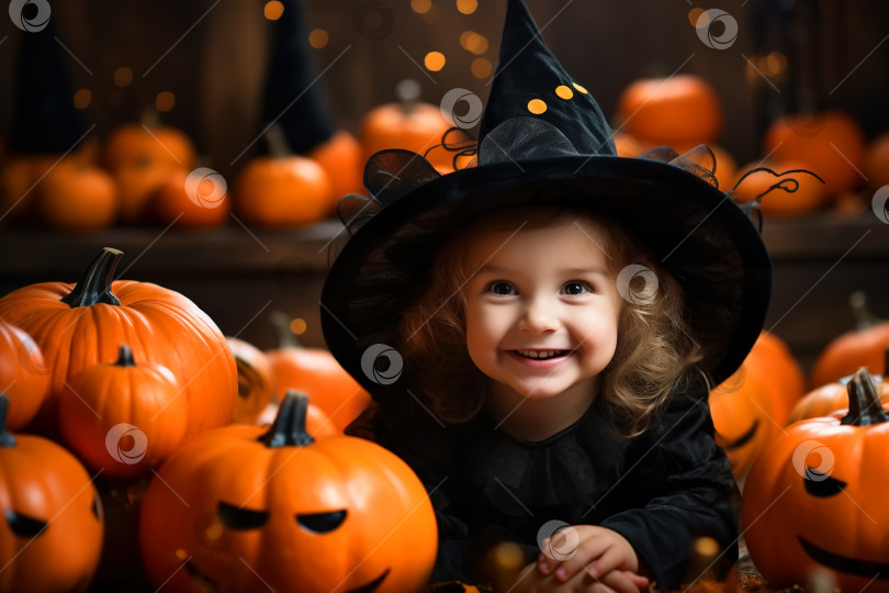 Скачать Концепция праздника Хэллоуин, детский портрет счастливой забавной девочки в костюме ведьмы с украшенными тыквами, смотрящей в камеру фотосток Ozero